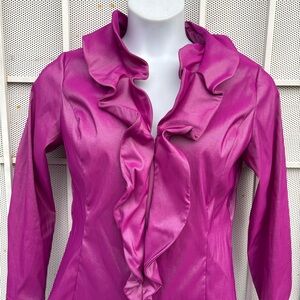 Samuel Dong Fuchsia Jacket-Size L zip front long sleeve V-veck ruffle accent